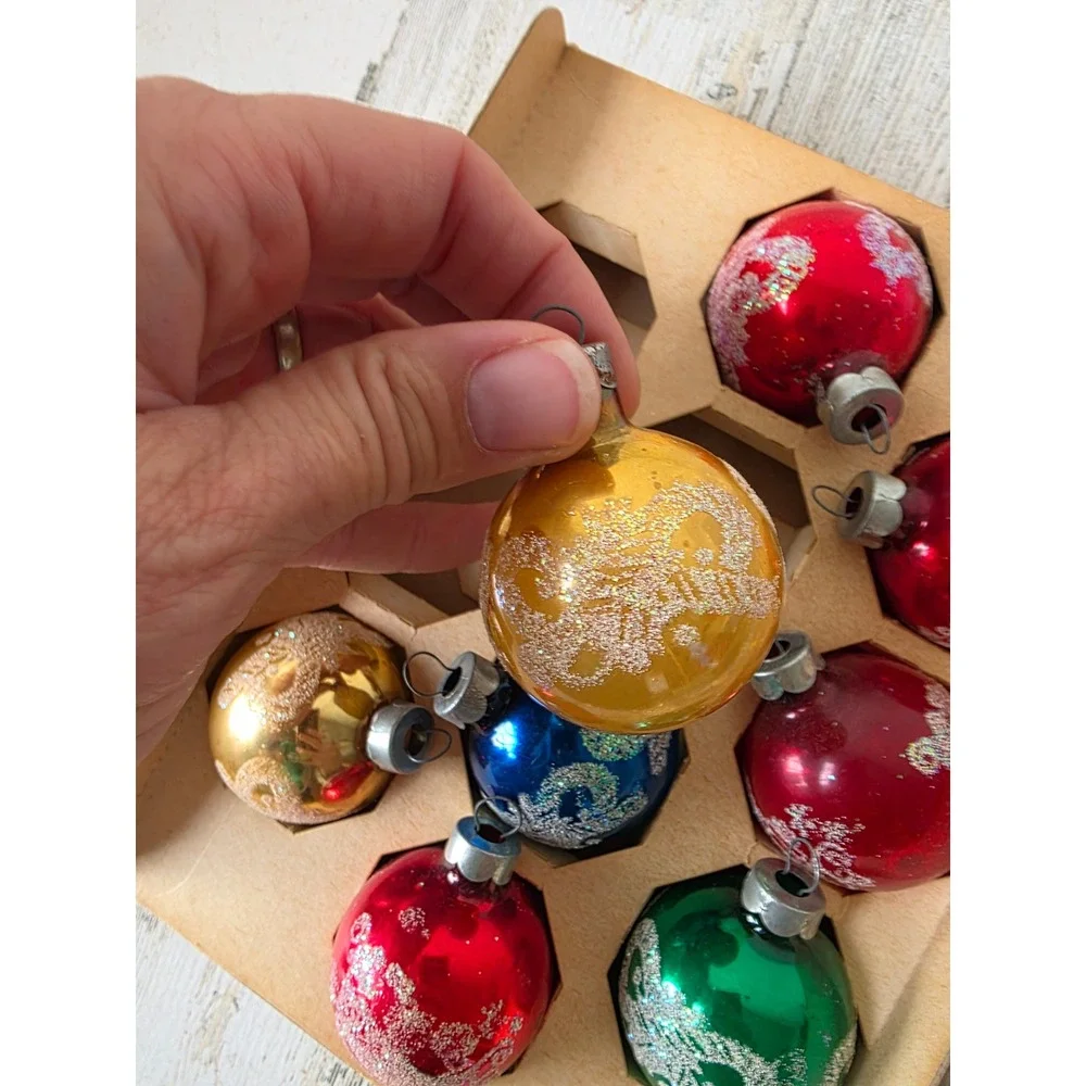 Vintage Rauch glitter stencil Mica glass ornament set box Xmas tree candy cane